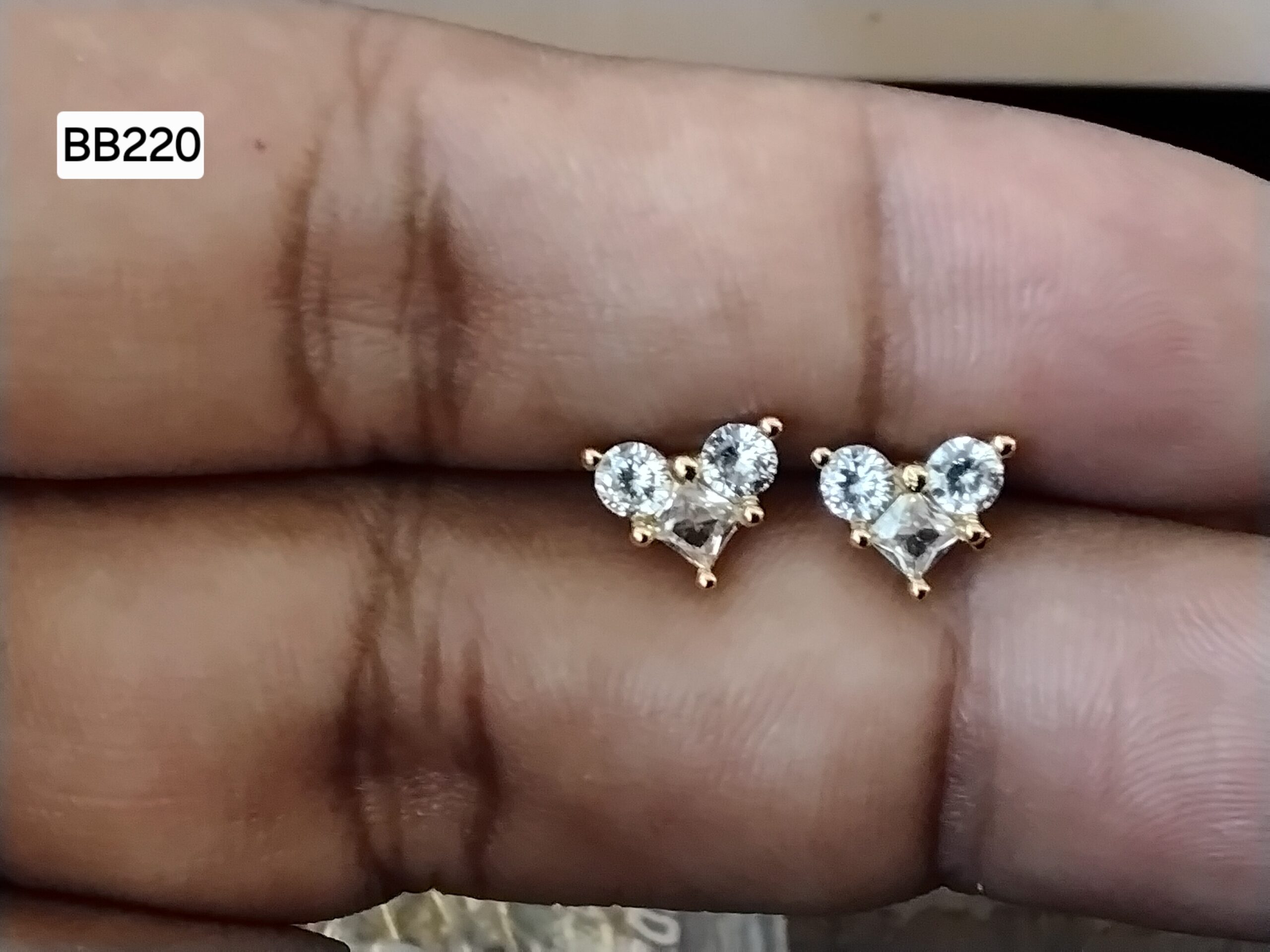 Triple Crystal Cluster Heart Brass Ball Back Studs (BB220)